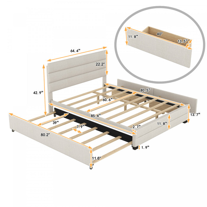 Sophie – Lit Plateforme Rembourre En Tissu Aspect Lin Avec Lit Gigogne Et Tiroirs De Rangement, Format Grand, Beige