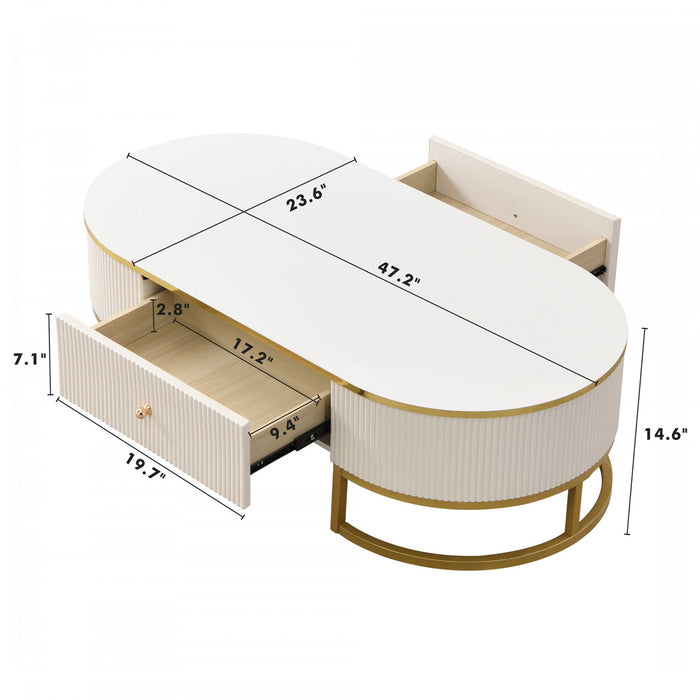 Table Basse Ovale Edison De 47,2\" En Bois Composite Avec Tiroirs De Rangement, Blanche