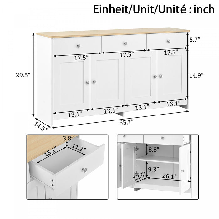 Grace Buffet en Bois Rustique de 55,1\" avec Portes et Tiroirs, Blanc