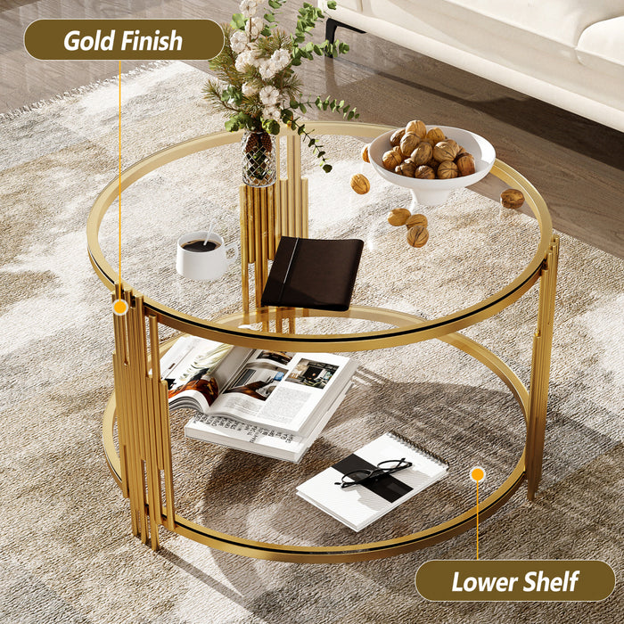 Table Basse Ronde Jonas De 31,5\" En Verre Trempe Avec Etagere Inferieure, Transparente