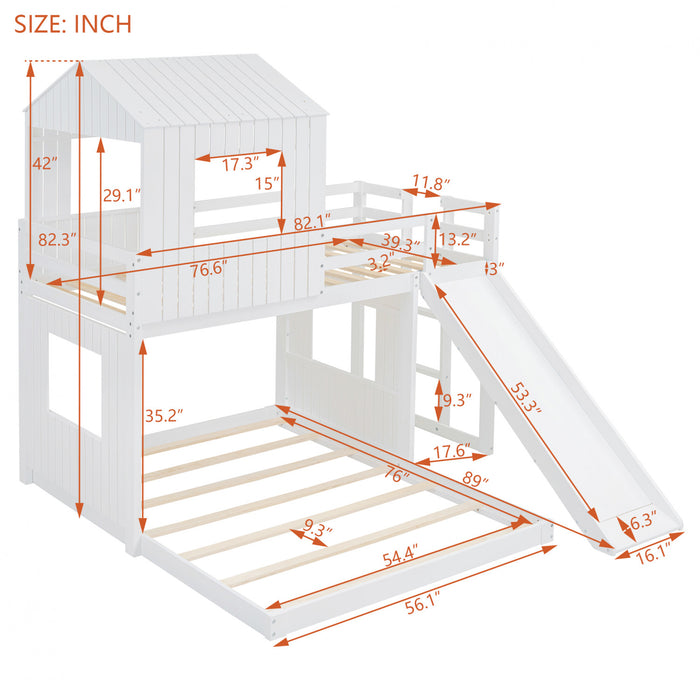 Lit Superpose Marico En Bois Massif, Taille Simple En Haut Et Double En Bas, Avec Toboggan, Design Maison De Jeu, Blanc