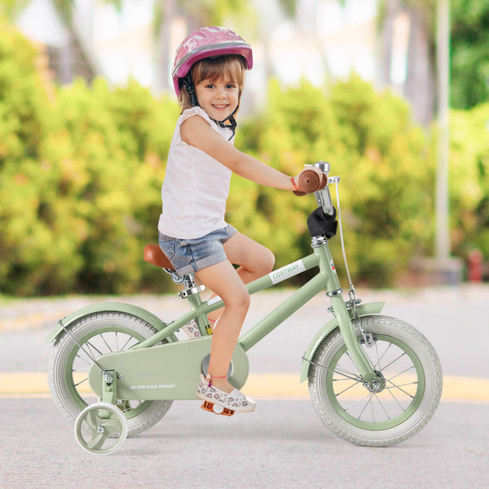 Costway 12\" Velo Pour Enfants Avec Guidon De Selle Reglable Roues D'entrainement Amovibles Frein A Main Vert