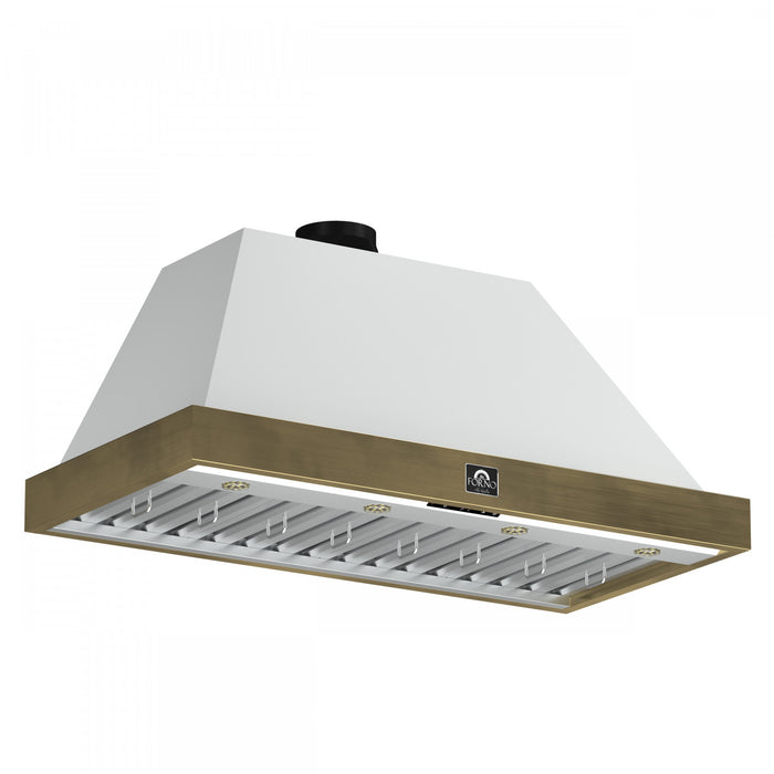 Hotte murale Vittorio de 48 po, blanc avec garniture en laiton antique,-FRHWM5078-48BLK