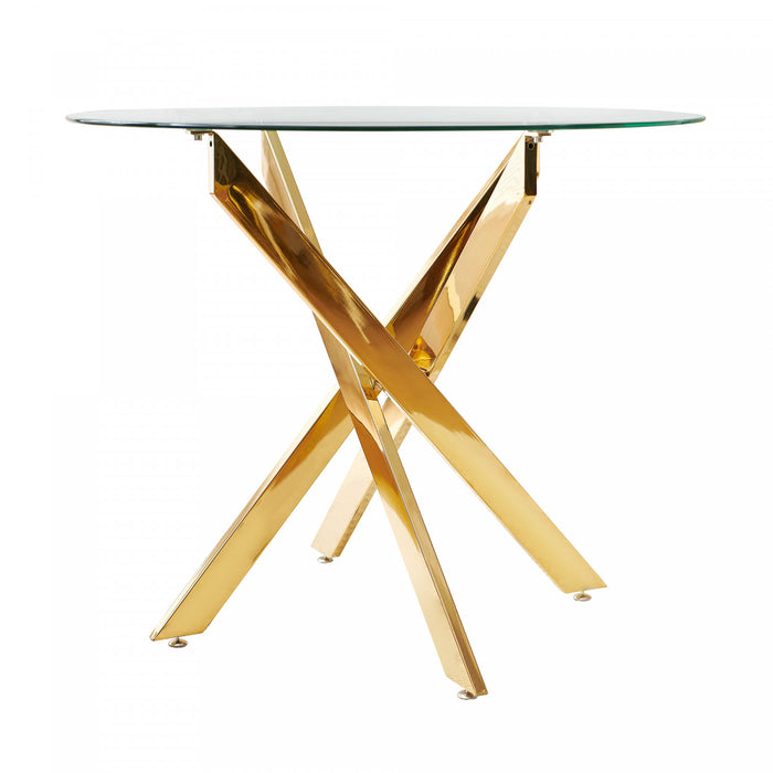 Table a manger ronde multifonctionnelle Alex avec plateau en verre, finition doree