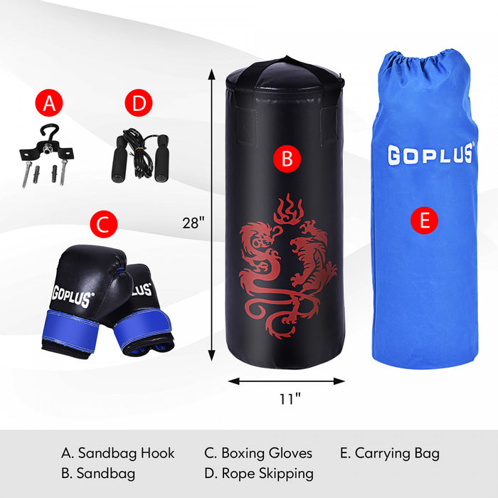 Ensemble De 5 Accessoires De Boxe Pour Enfants, Sac De Boxe Lourd, Gants, Corde A Sauter, Sac De Transport, Crochet De Plafond, Pour Enfants Pour Mma, Kickboxing, Muay Thai, Taekwondo