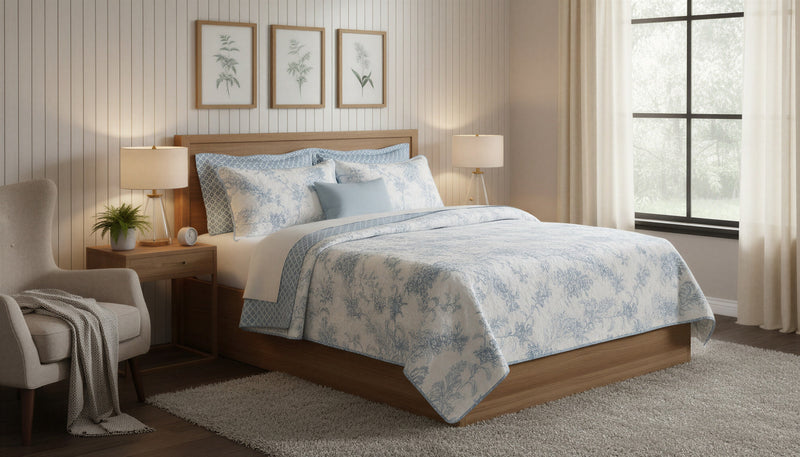 Ensemble de Courtepointe Reversible 3 Pieces pour Tres Grand Lit, Literie Florale Bleue et Blanche en Microfibre
