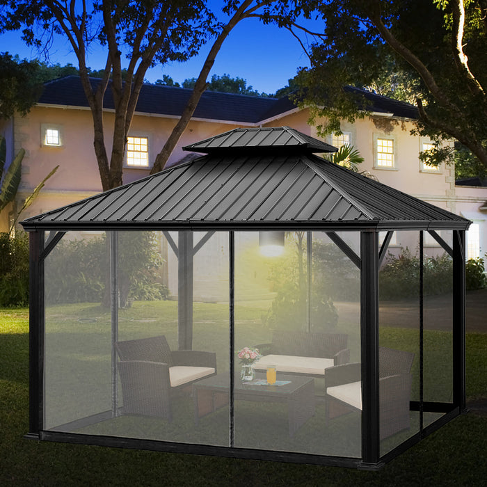 Costway 12ft X 10ft Hardtop Gazebo Exterieur A 2 Niveaux En Acier Galvanise Canopy Gris