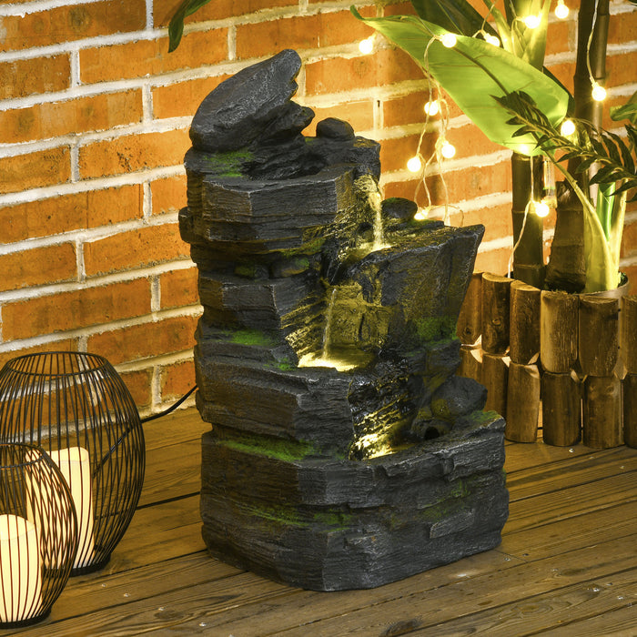 Outsunny Fontaine D'exterieur 4 Niveaux Avec Lumiere Led, Cascade En Resine