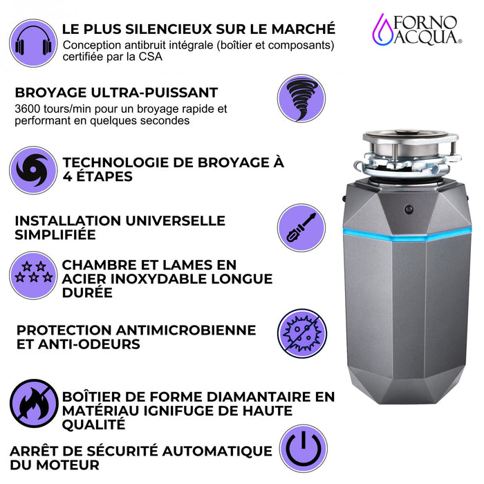 BrightDIAMOND 3/4 HP Broyeur ultra-silencieux, DEL sous armoire, cordon/interrupteur, Noir-WDD075TA1BO