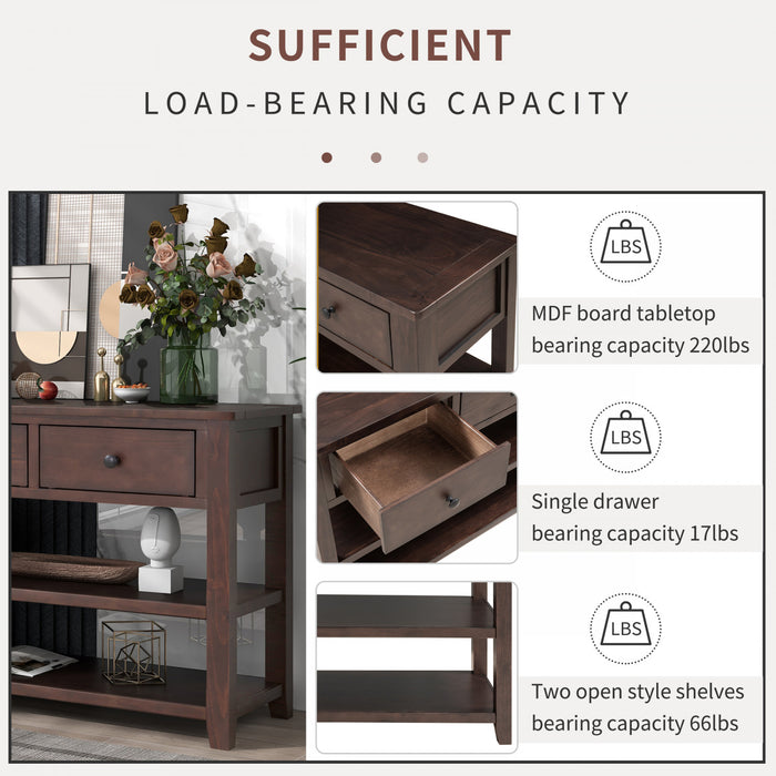 Console Wendy En Bois Massif Avec 3 Tiroirs Et 2 Etageres Ouvertes, Espresso