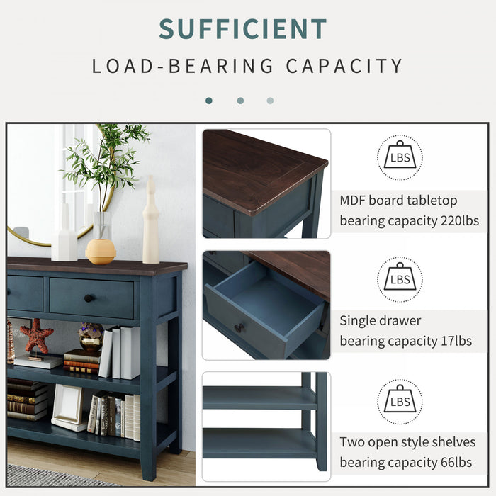 Console Wendy En Bois Massif Avec 3 Tiroirs Et 2 Etageres Ouvertes, Bleu Marine