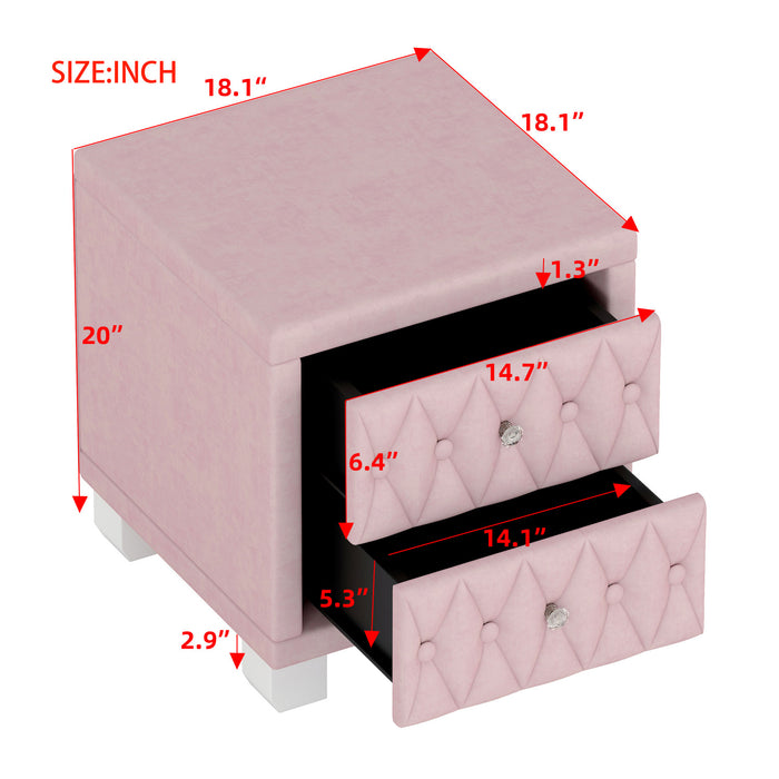 Sophia Table de Nuit Elegante en Velours avec Tiroirs et Design Capitonne, Rose