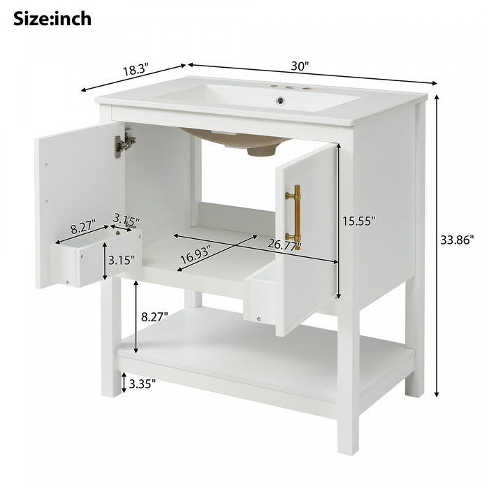 Simona Meuble-lavabo En Bois Massif 30\" Avec Vasque En Ceramique Et Espace De Rangement -Blanc
