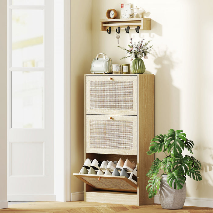 HOMCOM Armoire de rangement pour chaussures en rotin avec 3 tiroirs