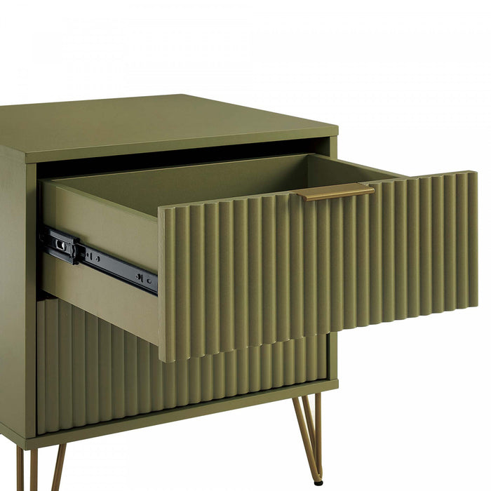 Table de nuit moderne Dumbo 20\" a cannelures, vert olive (2 tiroirs) – Lot de 2