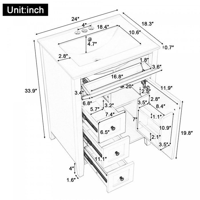 Scott Meuble-lavabo de 24\" avec vasque en ceramique et pieds en bois caoutchouc, Gris