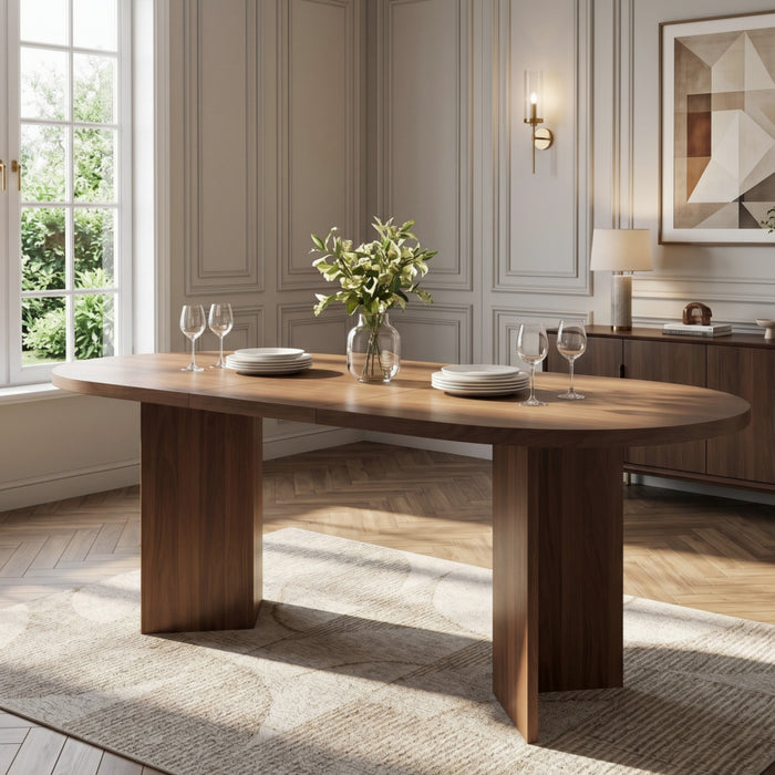 Ovalux Table a Manger Ovale Moderne 79 po avec Base a Double Piedestal et Finition Bois, Noyer