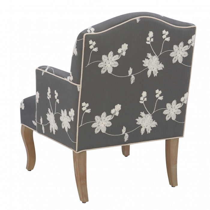 Fauteuil d'appoint Kenna en tissu d'apparence lin orné de broderie florale - gris