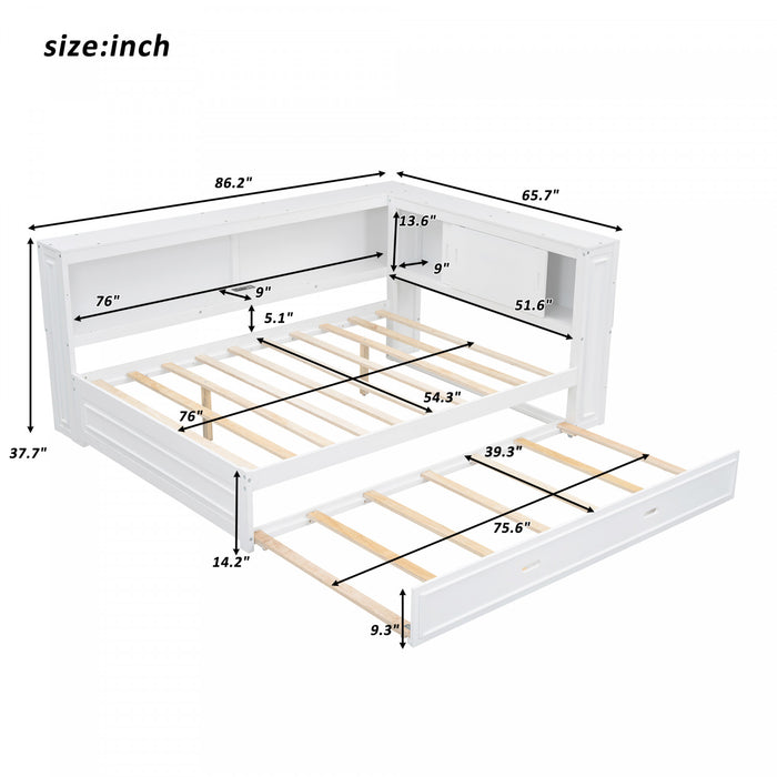 Diana – Lit De Jour Double En Bois Avec Etageres De Rangement, Ports Usb Et Eclairage Del, Blanc