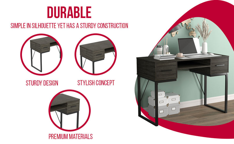 Bureau D’etude 42,5 Po Pour Bureau A Domicile Ou Salle De Jeux – Gris Fonce Avec 2 Tiroirs, 1 Etagere Et Base En Metal Noir