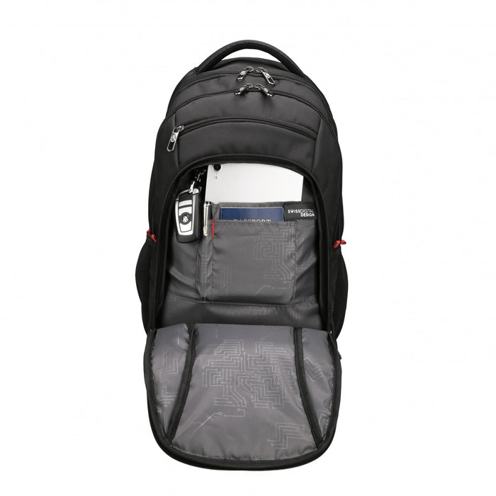 Sac a dos scolaire Swissdigital Sursee – Sac pour ordinateur portable de 17\", SDD Finder, systeme Add-A-Bag, bord reflechissant, maille respirante, pret pour le voyage