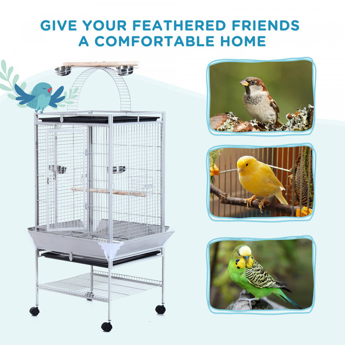 Pawhut D10-016 160 Cm Grand Support Pour Cage A Perroquet A Oiseaux Mangeoire A Pinsons Maison Perchoir Avec Bol Et Roues Argente