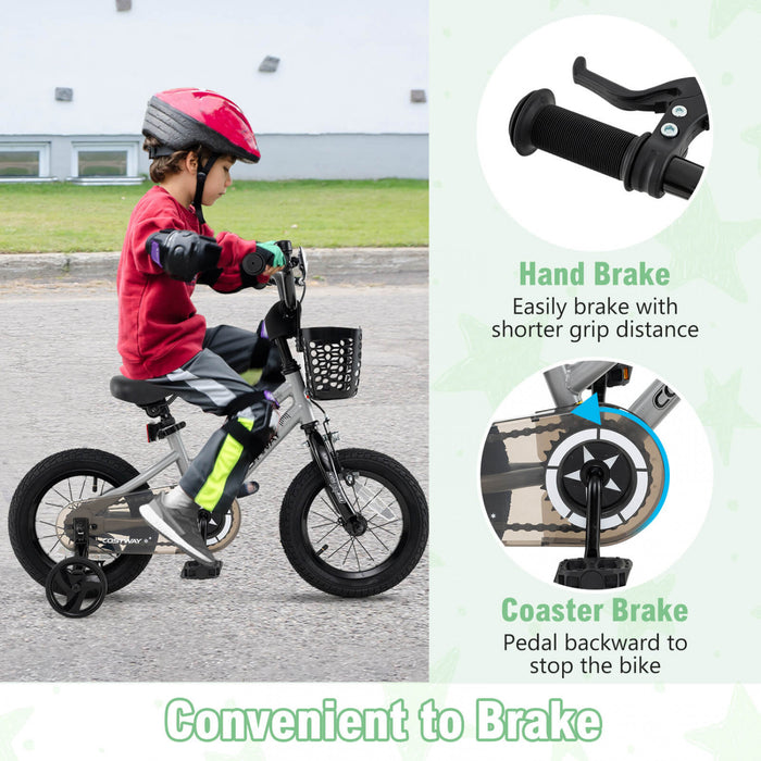 Costway 14\" Velo Pour Enfants Avec Roues D'entrainement Guidon Reglable Et Frein A Main De Siege Argent