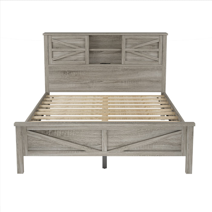 Madison Ensemble de chambre avec lit plateforme style ferme, rangement et station de recharge, taille Queen, gris
