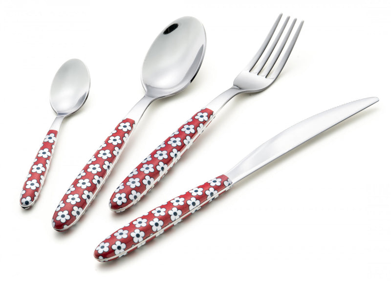 Ensemble De Couverts 24 Pieces En Acier Inoxydable Italien Arimi Nilu Decor - Service Pour 6 Personnes - Manche Rouge Fleur