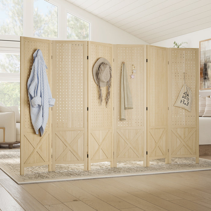 HOMCOM Paravent 6 Panneaux de 4.7 pi avec Panneau Perfore, Bois Naturel