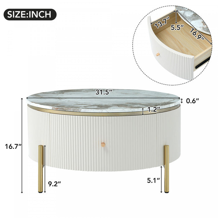 Table Basse Ronde Moderne Nelson De 31,5\" Avec 2 Tiroirs De Rangement, Blanc Casse