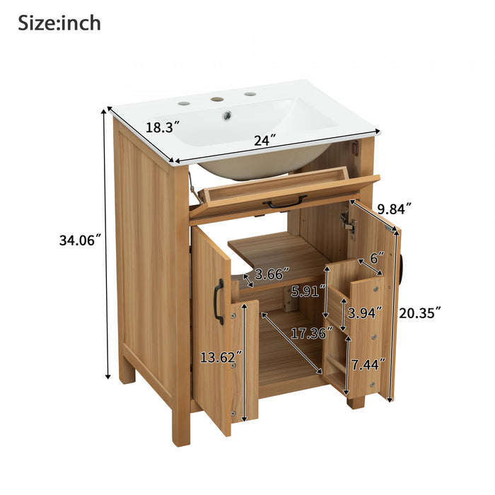 Meuble de salle de bain en bois moderne Nolan 24 pouces avec lavabo ceramique et rangement, brun
