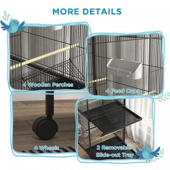 Pawhut Cage A Oiseaux En Metal Forge Avec Support Roulant, Conteneurs Alimentaires Portes Roues 67\" H, Noir