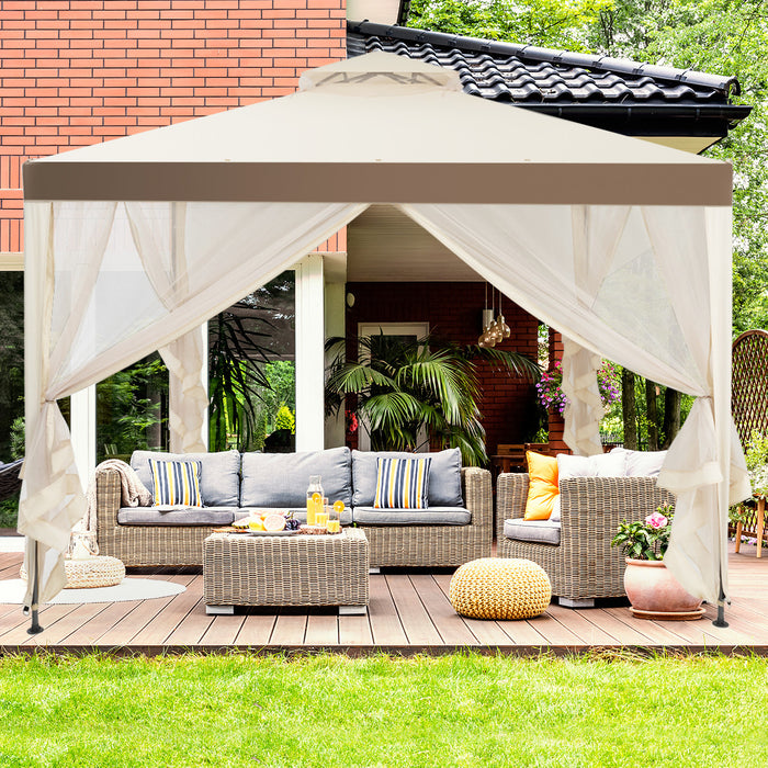 Tonnelle Pavillon De Jardin En Fer Et Polyester, Tente De Reception Avec Moustiquaire Et Toiles Laterales Amovibles Et Impermeables, Tente De Jardin A 4 Cotes 300 X 300 X 200/265 Cm, Beige&brun