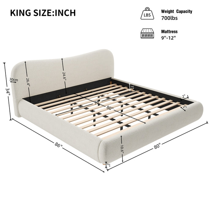 Lit plateforme Camille avec tete de lit courbee et tapisserie bouclee luxueuse, taille King, blanc