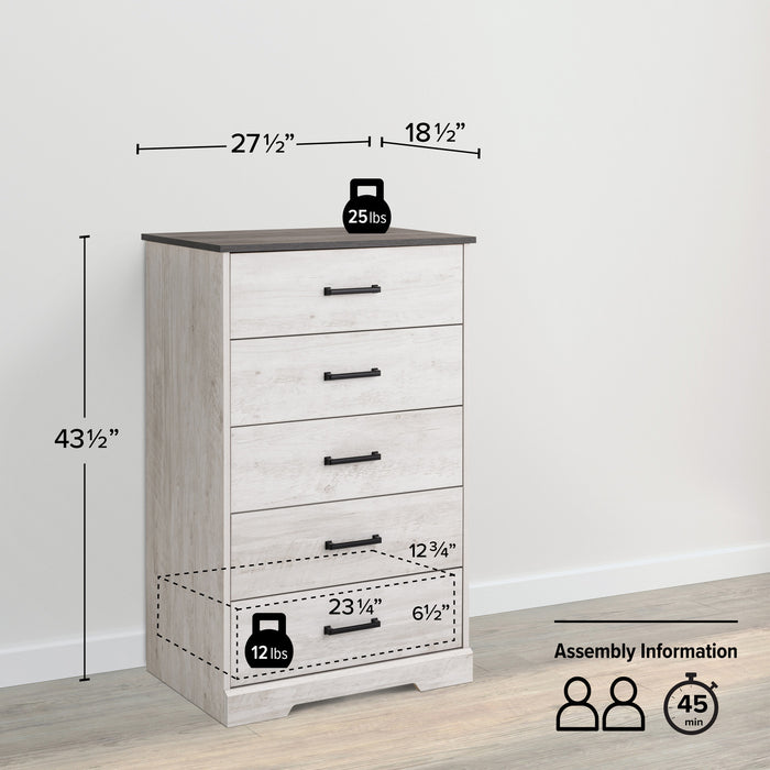 Commode verticale Rustic Ridge de Prepac de 27,5 po à 5 tiroirs - blanc délavé