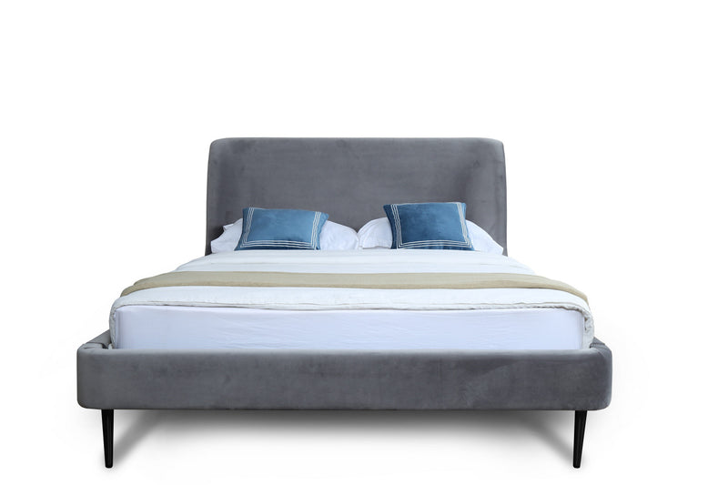 Lit Queen Heather style milieu du siecle moderne, rembourre en velours gris et noir
