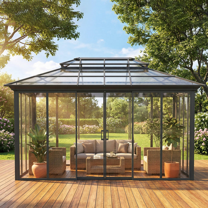 Outsunny Tonnelle de Jardin 3x4m en Aluminium avec Toit Rigide, Gris Fonce