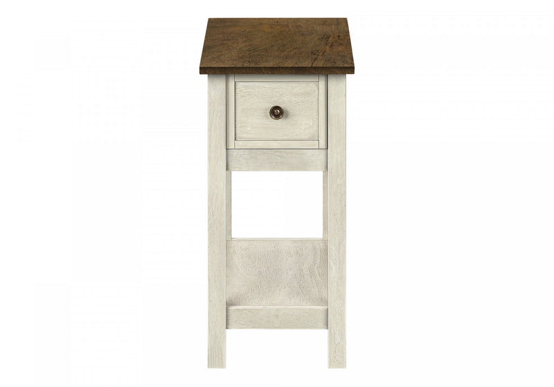 Table de bout et d’appoint étroite de style transitionnel à 2 niveaux, avec tiroir de rangement et placages blanc antique et bruns pour la chambre à coucher
