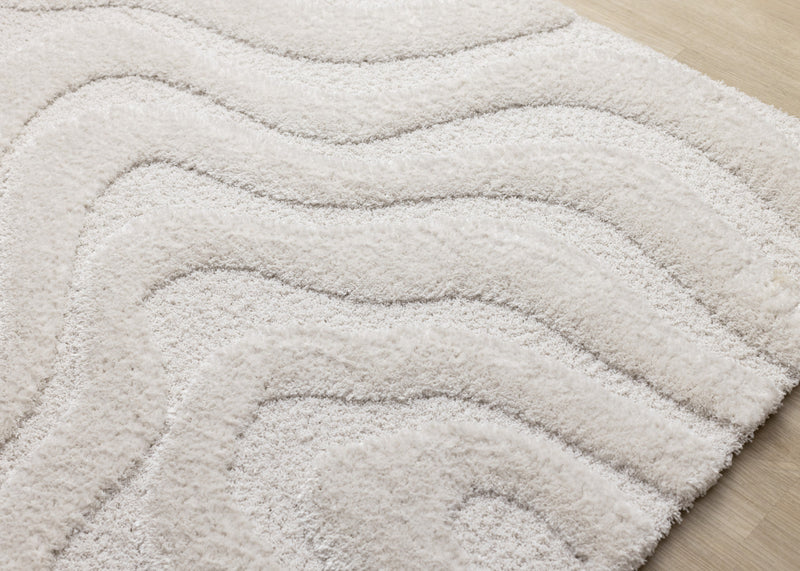Carpette moderne, luxueuse et moelleuse Lincoln blanche à motif de courbes - 6 pi 7 po x 9 pi 6 po