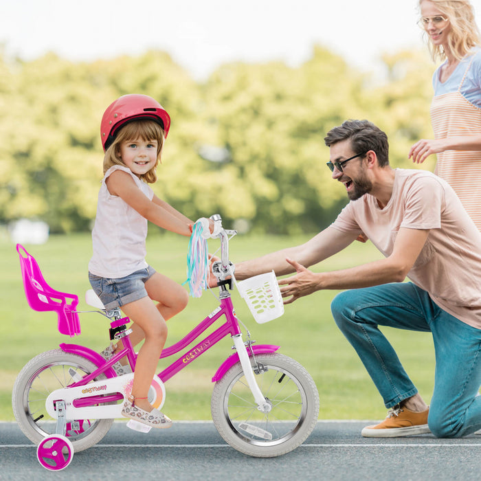 Costway 14\" Velo Pour Enfants Avec Roues D'entrainement Poupee Siege Panier Streamers Frein A Main Rose