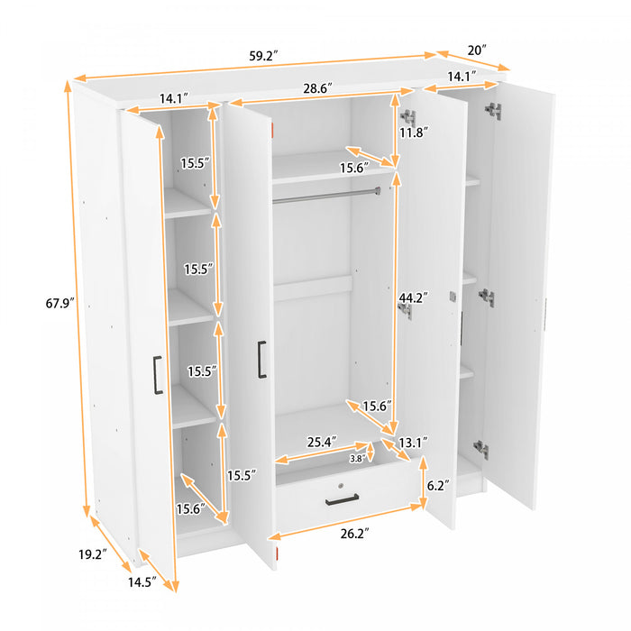 Armoire Christ En Bois De 59,2\" Avec 4 Portes, Tiroir Et Espace De Rangement Suspendu, Blanche