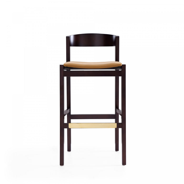 Tabouret de bar en bois rembourre style Klismos mi-siecle moderne, coloris camel - Lot de 3
