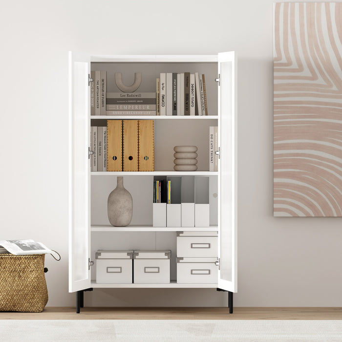 Armoire bibliotheque moderne Abbey 32\" en verre trempe blanc (4 etageres) - Lot de 2