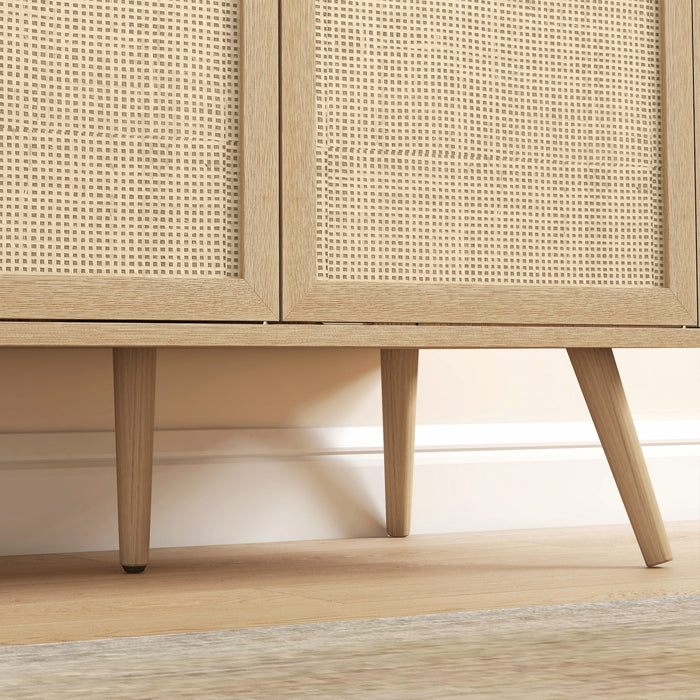 HOMCOM Buffet de cuisine avec 3 etageres portes en rotin, bois naturel