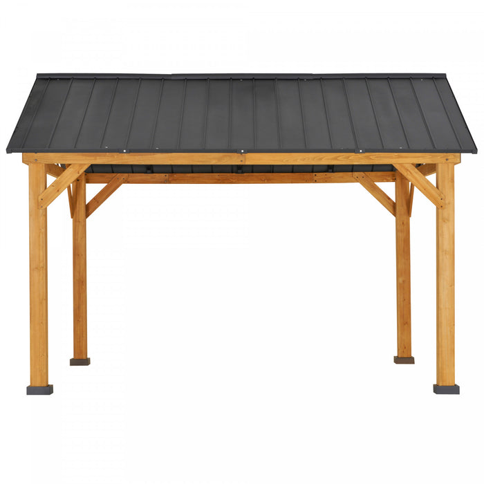 Outsunny 13' X 11' Gazebo En Bois Auvent Exterieur Pare-soleil Abri Avec Toit En Acier, Bois Massif, Noir Et Naturel