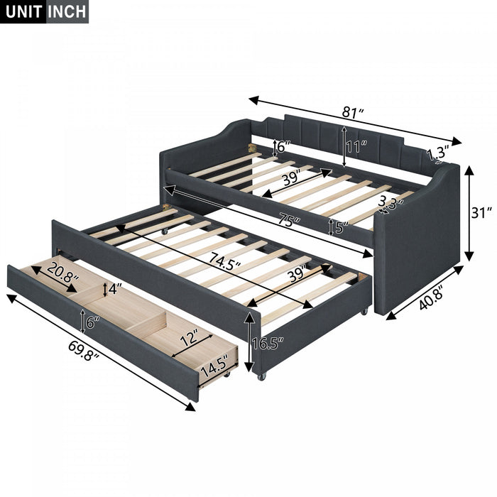 Hogan – Lit De Jour Rembourre En Tissu Aspect Lin Avec Lit Gigogne Et Tiroirs De Rangement, Format Simple, Gris