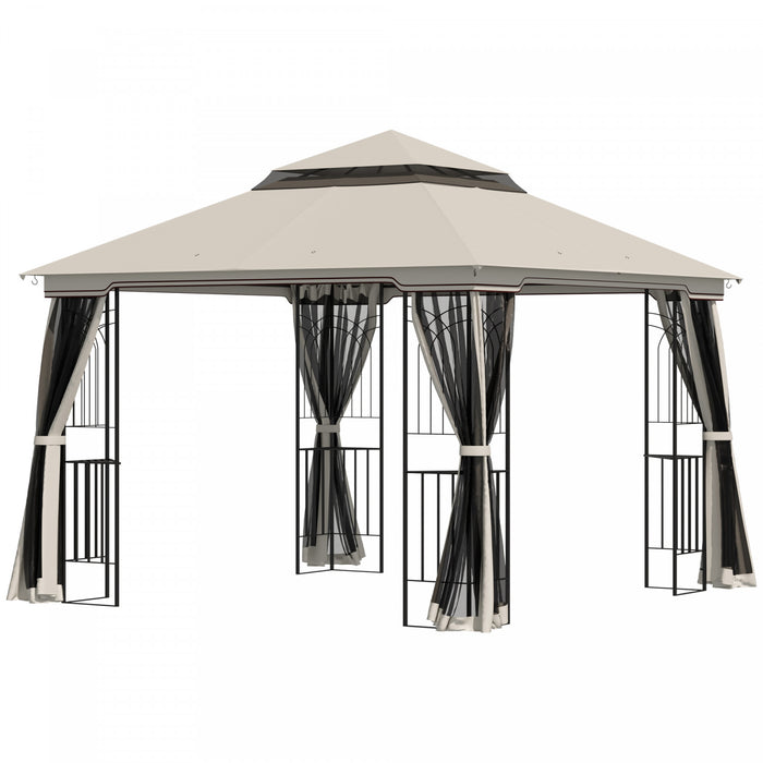 Outsunny 10' X 10' Tonnelle Pavillon Jardin Patio Terrasse Gazebo Exterieur Double Toit Avec Parois Laterales En Maille Amovibles, Etageres, Crochets Superieurs, Beige