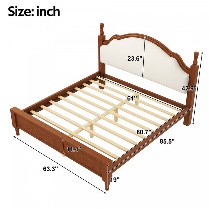 Lit plateforme Miles en bois format Queen avec tete de lit rembourree incurvee, brun