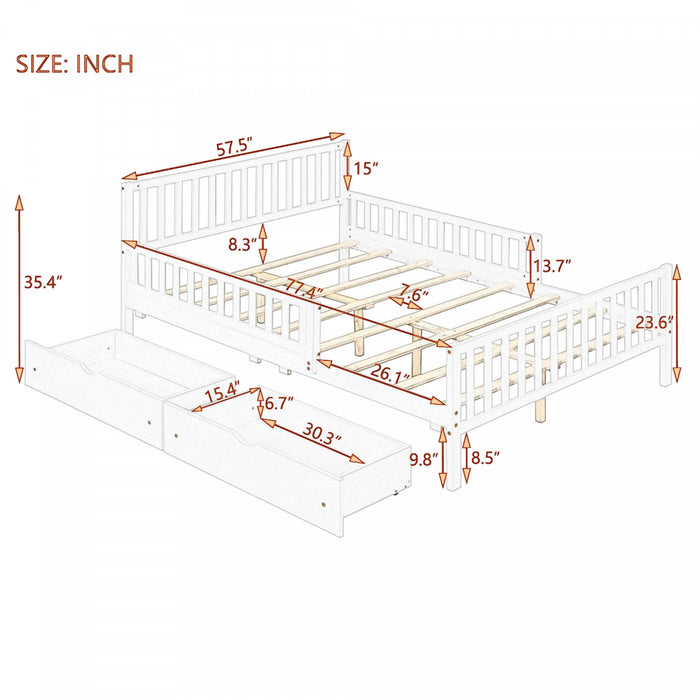 Emma – Lit Plateforme en Bois avec Barrieres de Protection et Tiroirs de Rangement, Format Double - Gris
